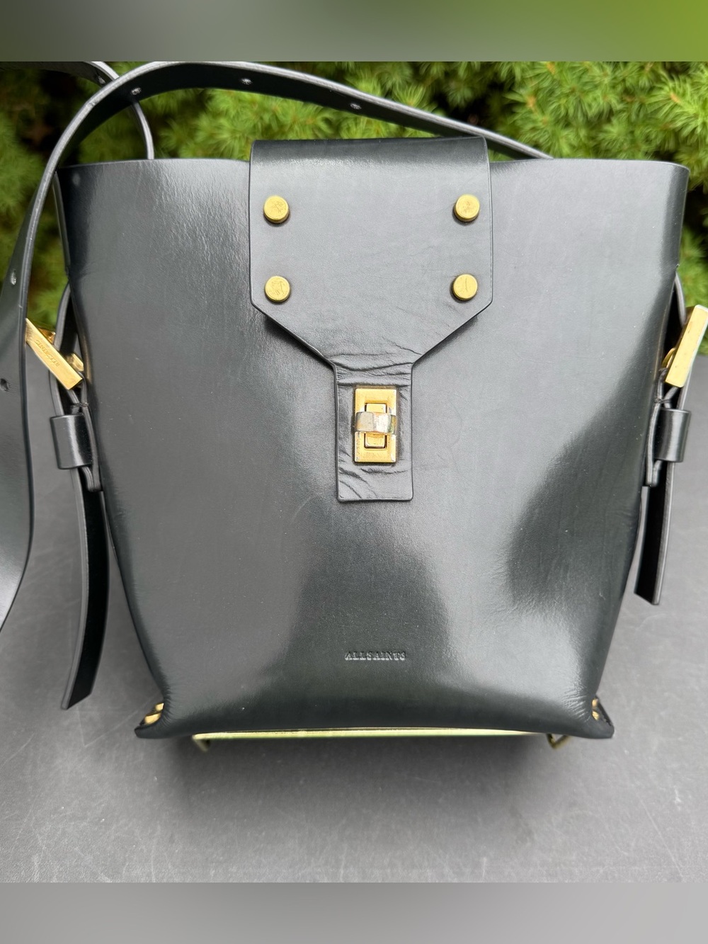 All Saints Black Leather Bucket Shoulder Bag with Gold Hardware